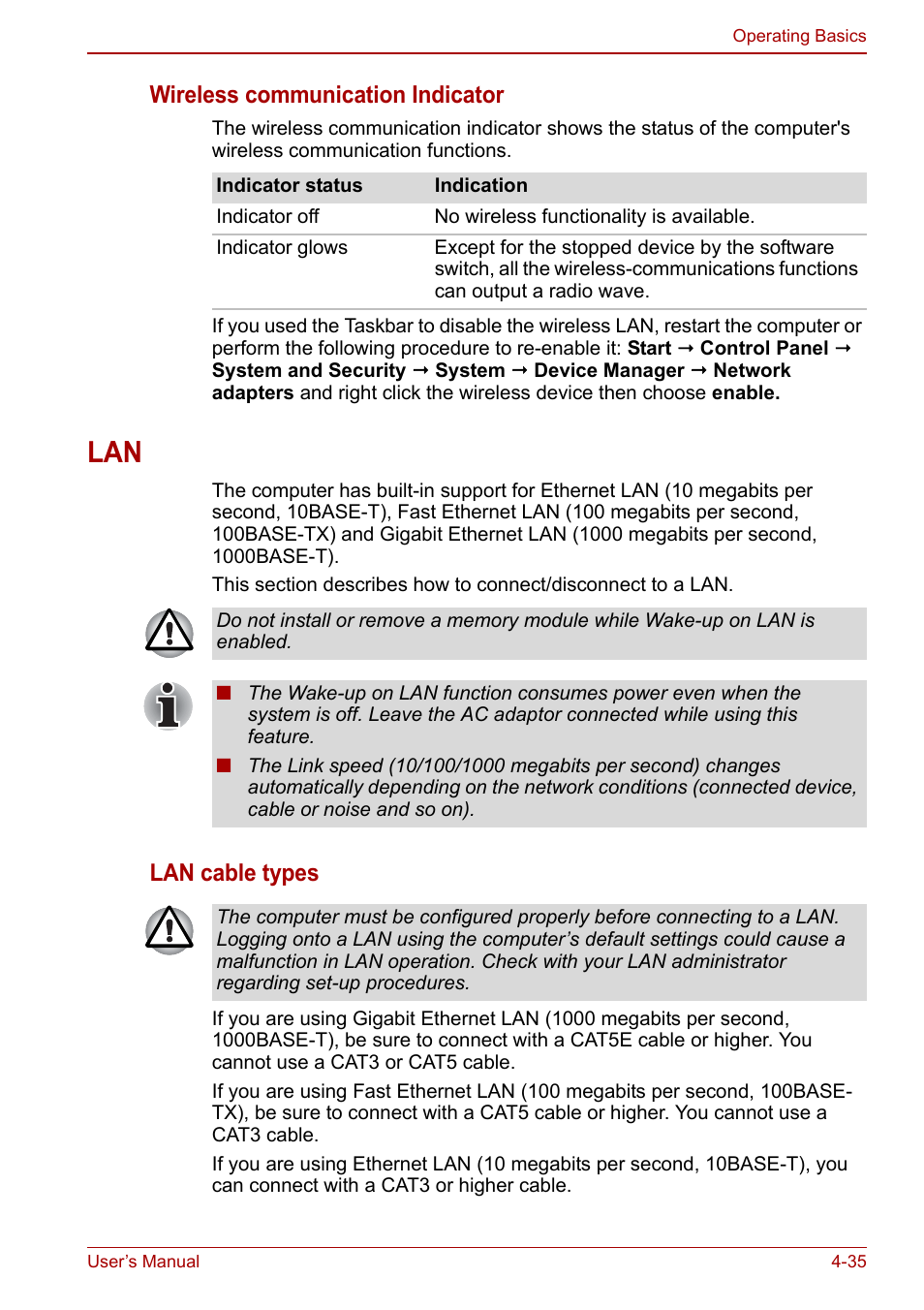 Lan -35, Wireless communication indicator, Lan cable types | Toshiba Satellite L670 User Manual | Page 115 / 199