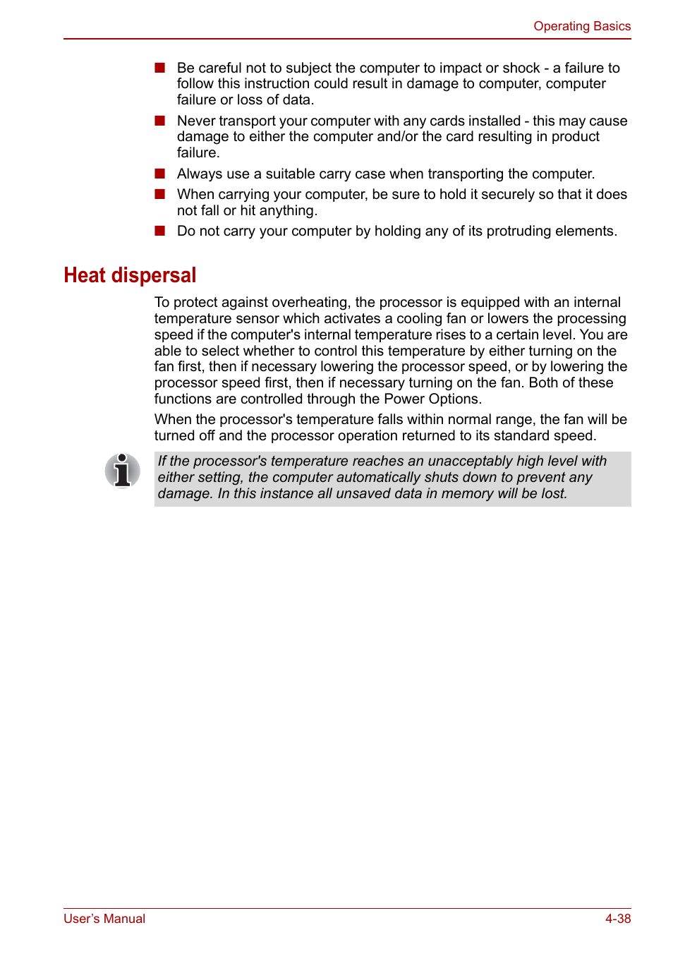 Heat dispersal, Heat dispersal -38 | Toshiba Satellite L670 User Manual | Page 118 / 199