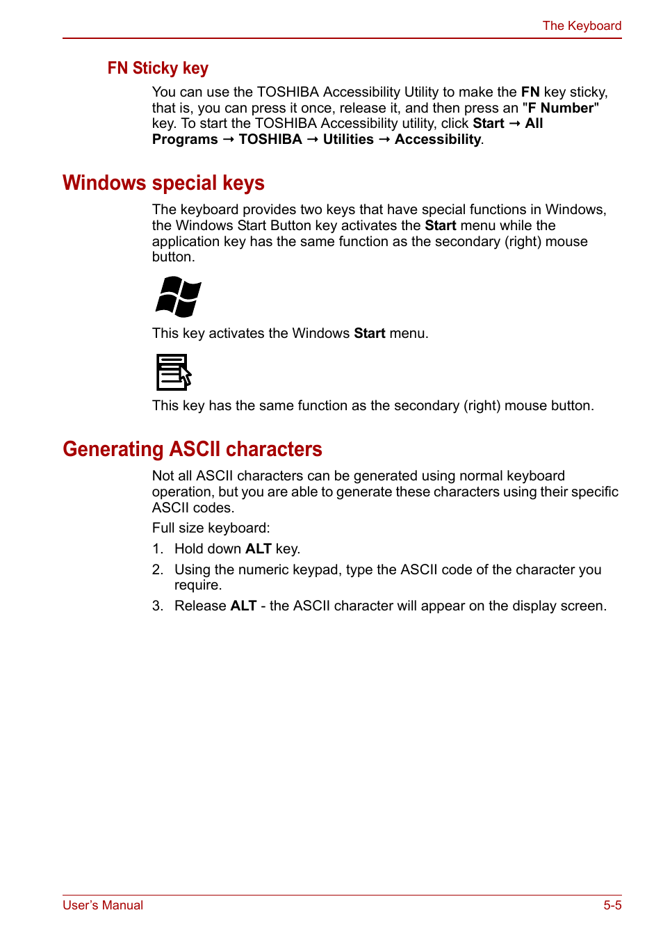 Windows special keys, Generating ascii characters | Toshiba Satellite L670 User Manual | Page 123 / 199