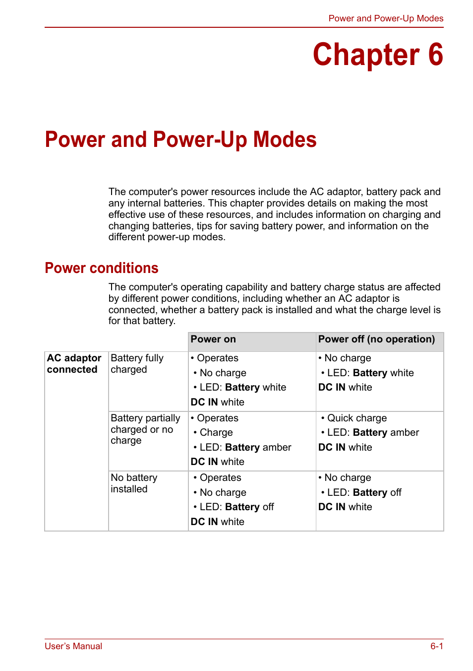 Chapter 6: power and power-up modes, Power conditions, Chapter 6 | Power and power-up modes, Power conditions -1, Power, And power-up modes, Power and power-up, Modes | Toshiba Satellite L670 User Manual | Page 124 / 199