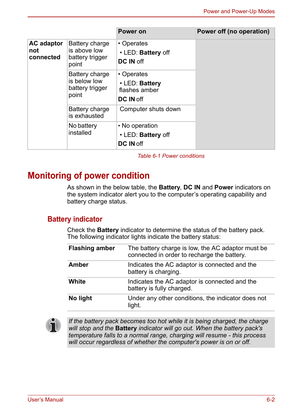 Monitoring of power condition, Monitoring of power condition -2, Battery indicator | Toshiba Satellite L670 User Manual | Page 125 / 199