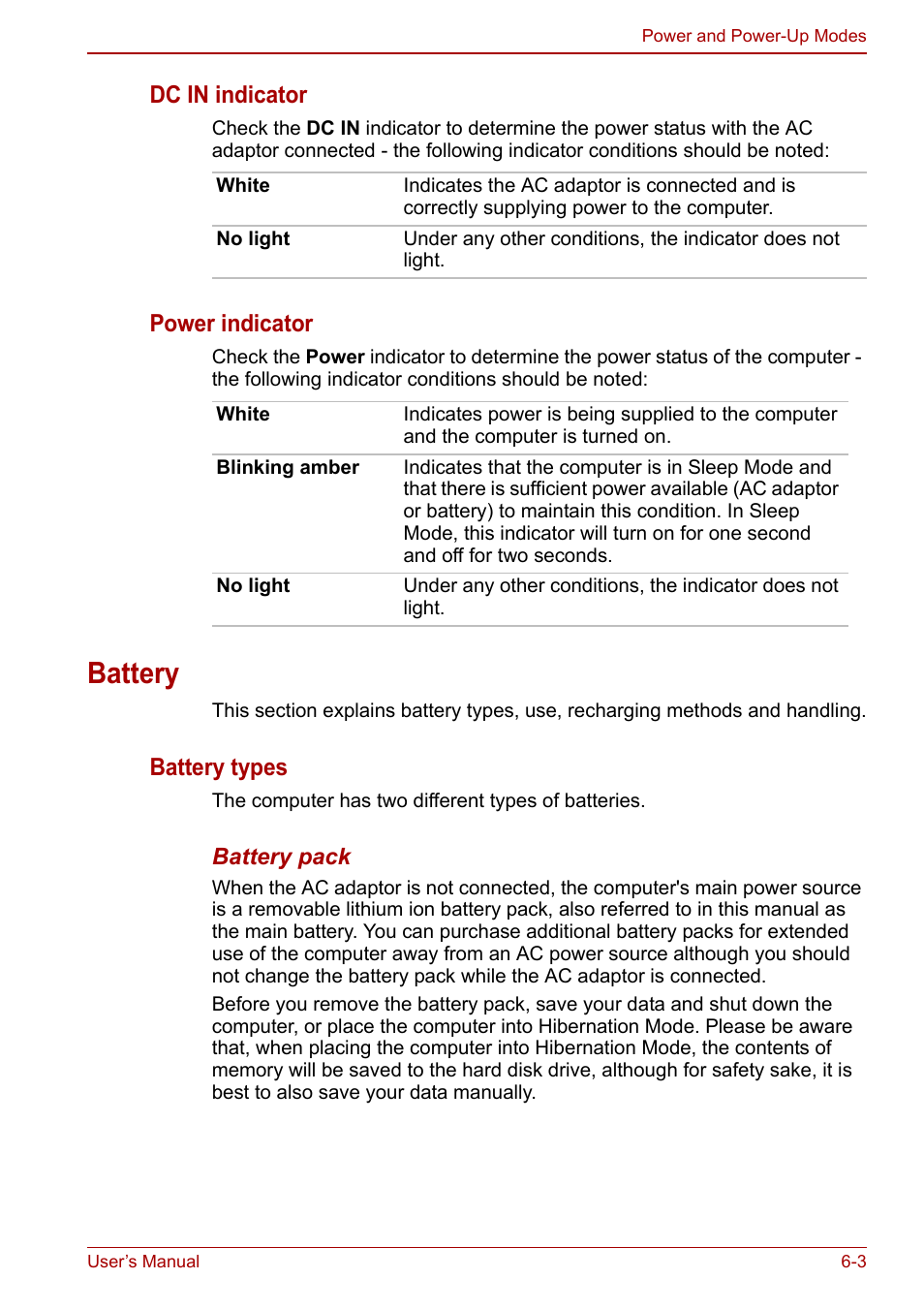 Battery, Battery -3, Dc in indicator | Power indicator, Battery types | Toshiba Satellite L670 User Manual | Page 126 / 199