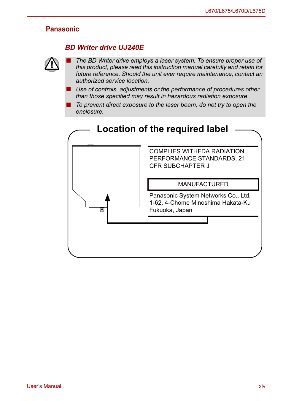Location of the required label | Toshiba Satellite L670 User Manual | Page 13 / 199