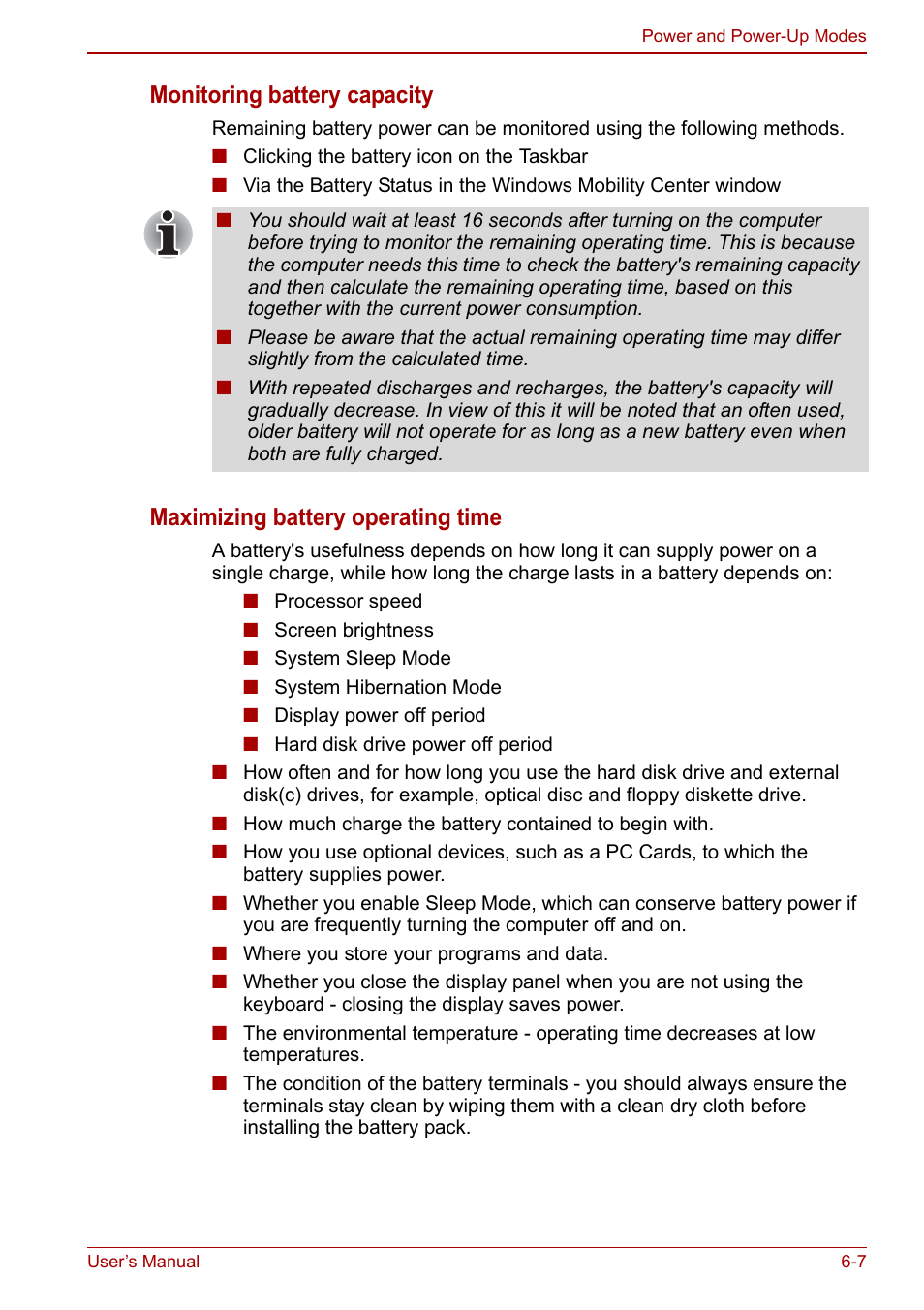 Monitoring battery capacity, Maximizing battery operating time | Toshiba Satellite L670 User Manual | Page 130 / 199