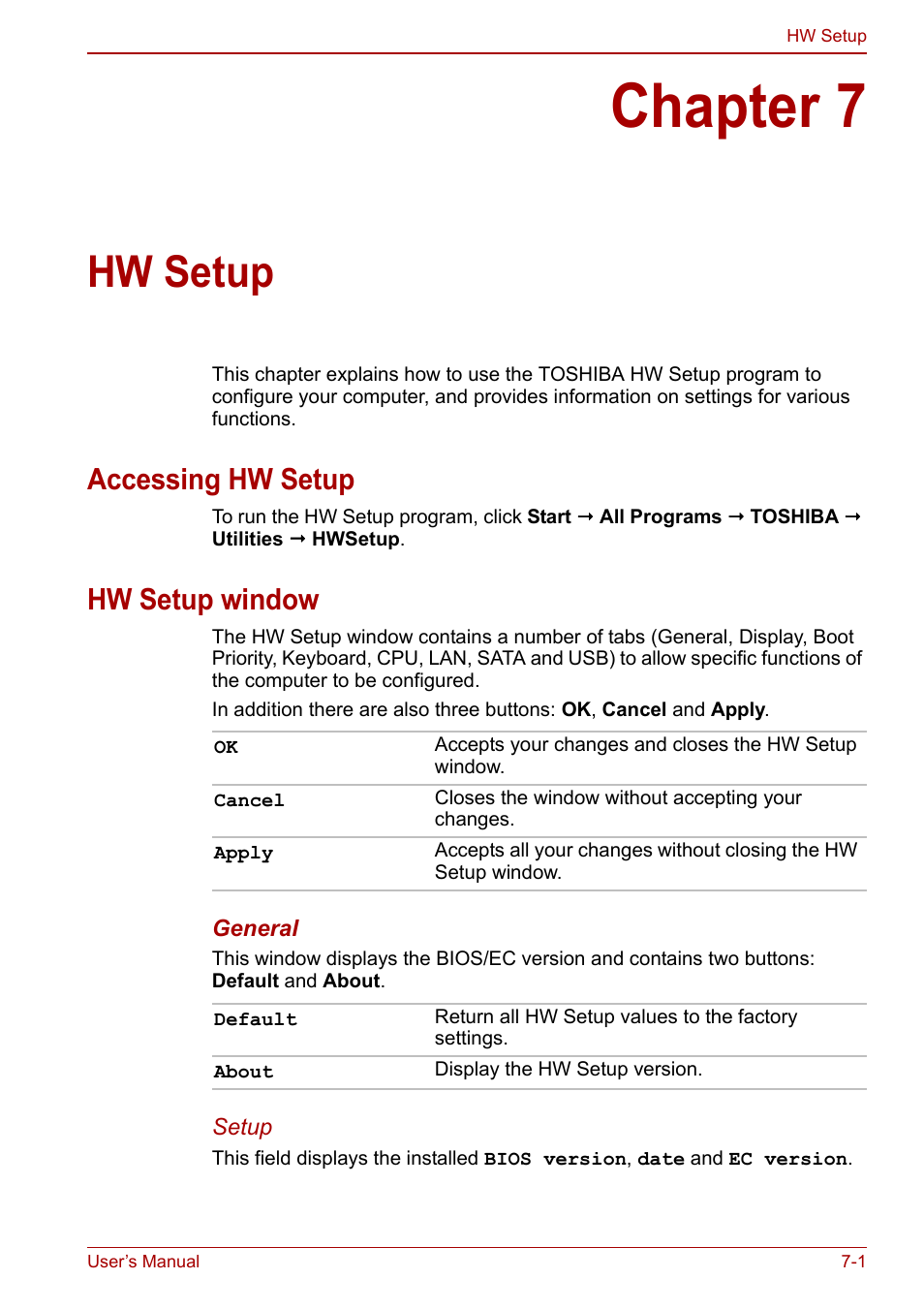 Chapter 7: hw setup, Accessing hw setup, Hw setup window | Chapter 7, Hw setup, Accessing hw setup -1 hw setup window -1 | Toshiba Satellite L670 User Manual | Page 137 / 199