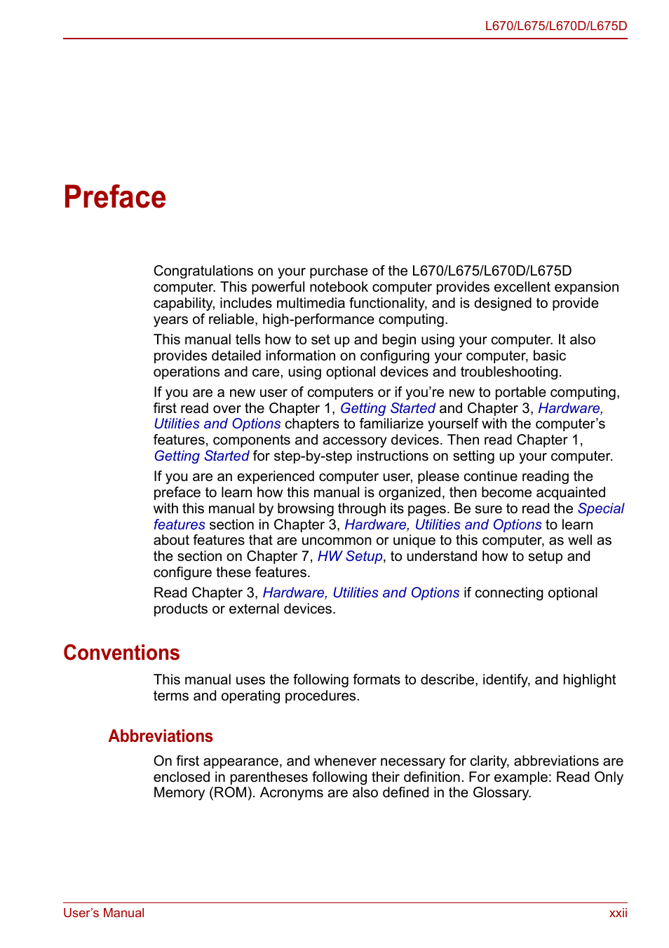 Preface, Conventions | Toshiba Satellite L670 User Manual | Page 16 / 199