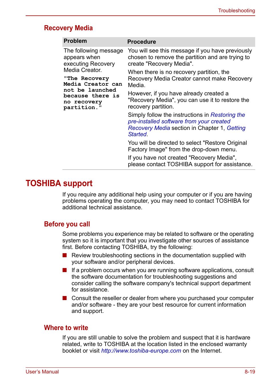 Toshiba support, Toshiba support -19, Recovery media | Before you call, Where to write | Toshiba Satellite L670 User Manual | Page 160 / 199