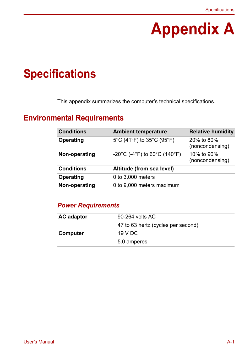 Appendix a: specifications, Appendix a, Specifications | Environmental requirements | Toshiba Satellite L670 User Manual | Page 161 / 199