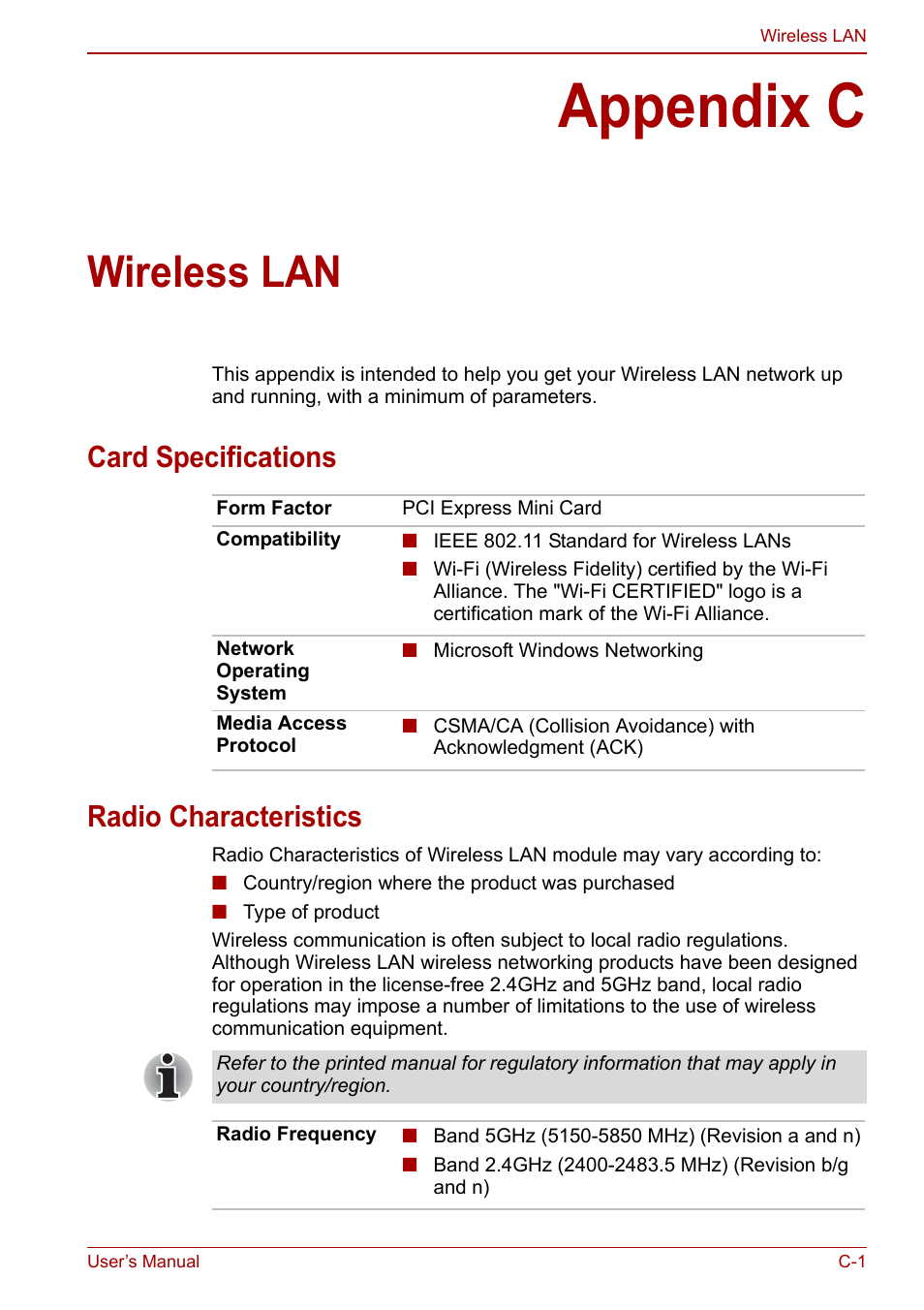 Appendix c: wireless lan, Appendix c, Wireless lan | Card specifications radio characteristics | Toshiba Satellite L670 User Manual | Page 163 / 199