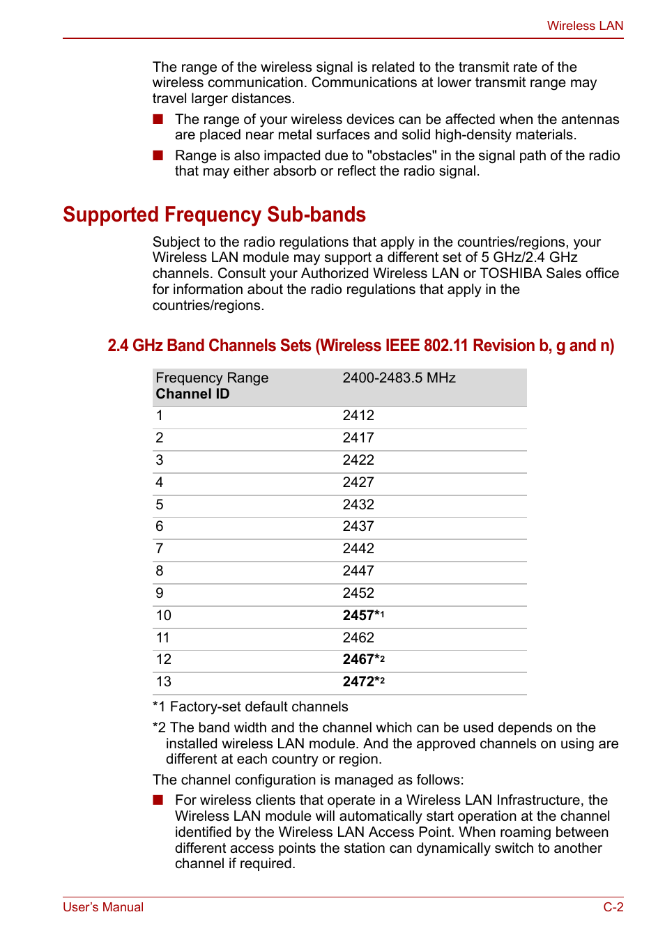Supported frequency sub-bands | Toshiba Satellite L670 User Manual | Page 164 / 199