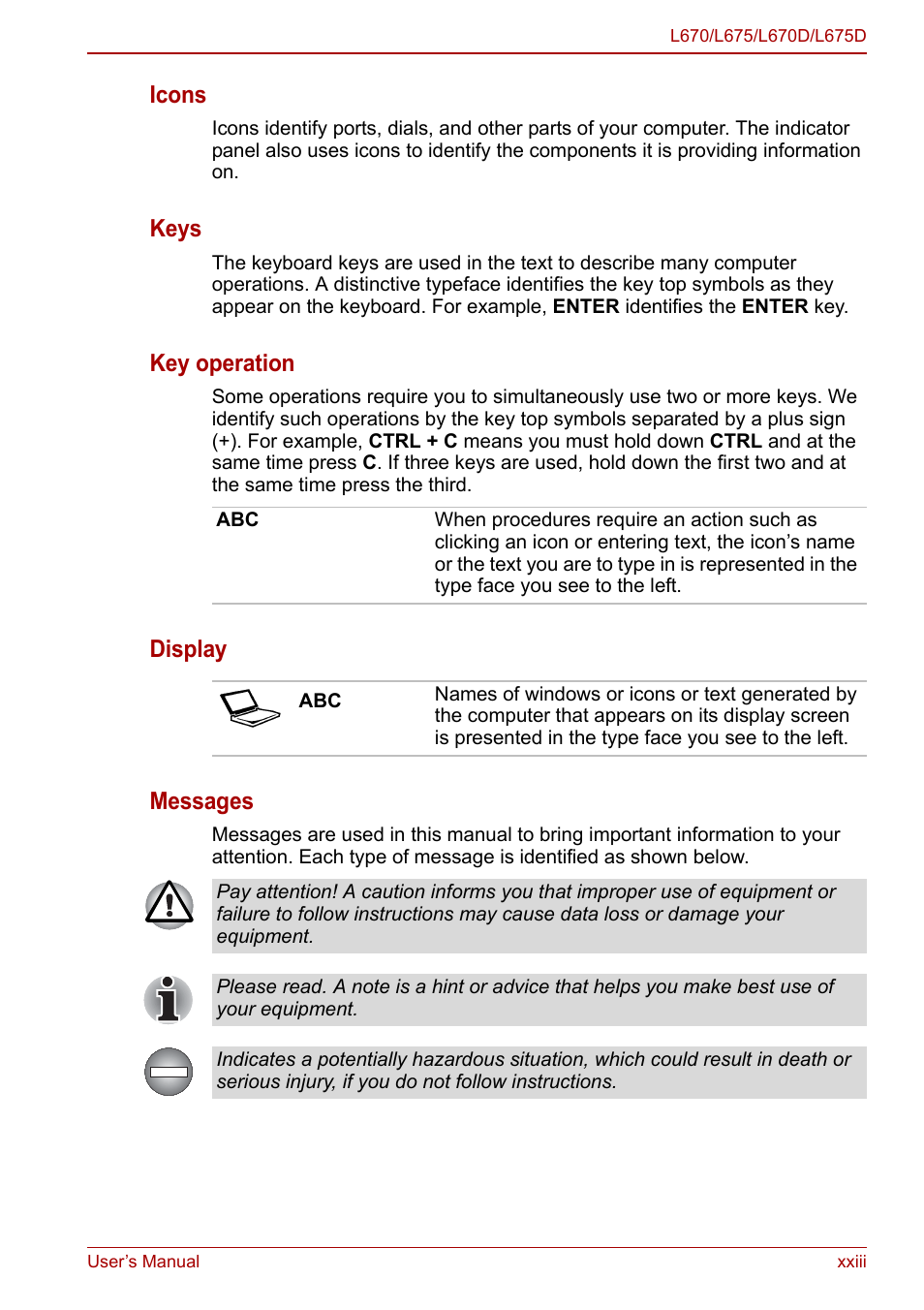 Icons, Keys, Key operation | Display messages | Toshiba Satellite L670 User Manual | Page 17 / 199