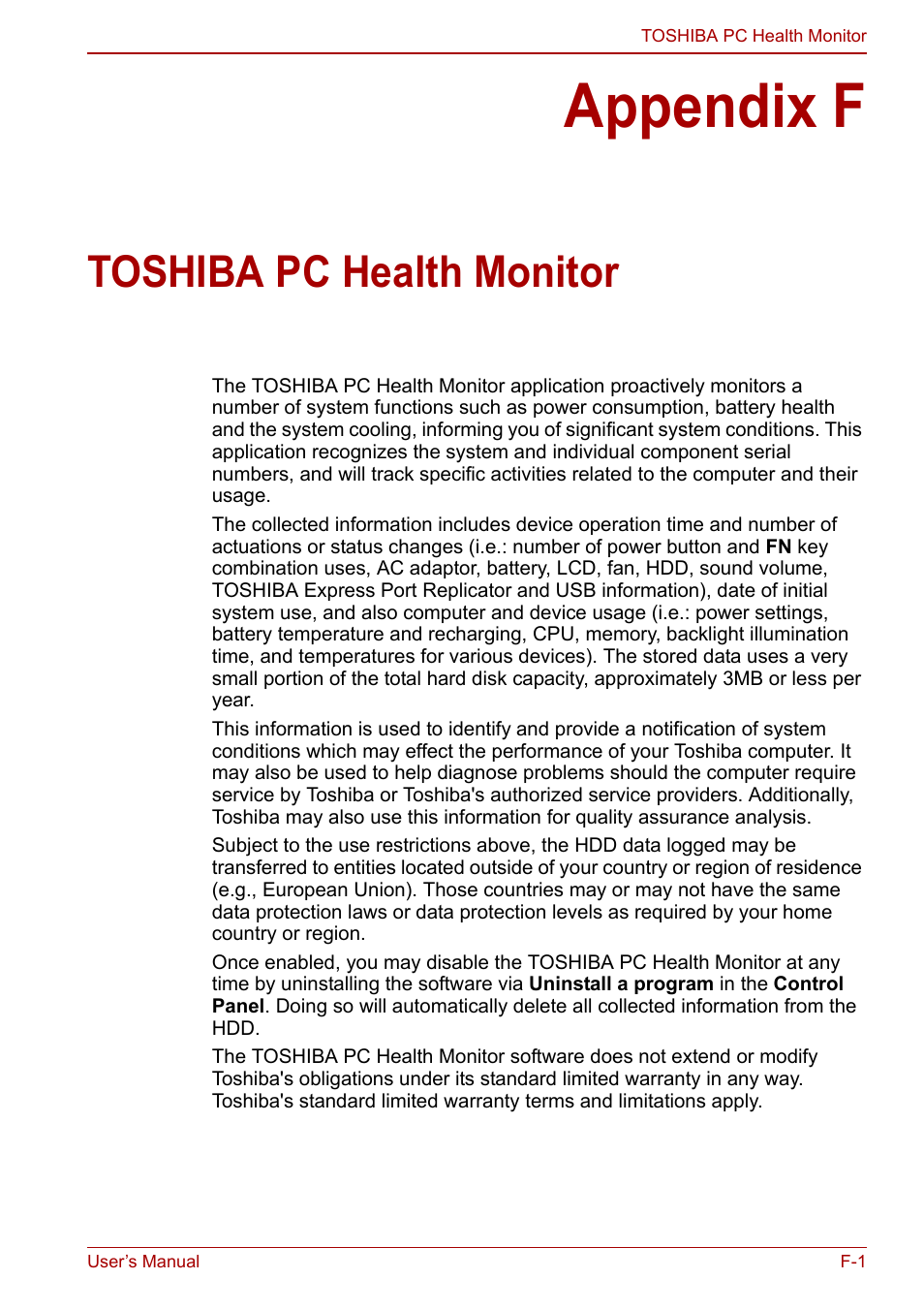 Appendix f: toshiba pc health monitor, Appendix f, Toshiba pc health monitor | Toshiba pc health, Monitor | Toshiba Satellite L670 User Manual | Page 174 / 199