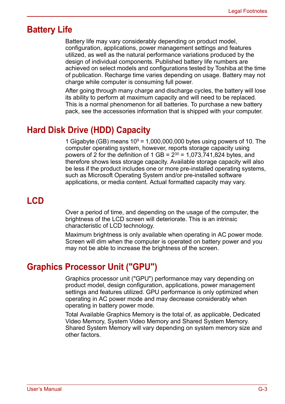 Battery life, Hard disk drive (hdd) capacity, Graphics processor unit ("gpu") | Toshiba Satellite L670 User Manual | Page 178 / 199