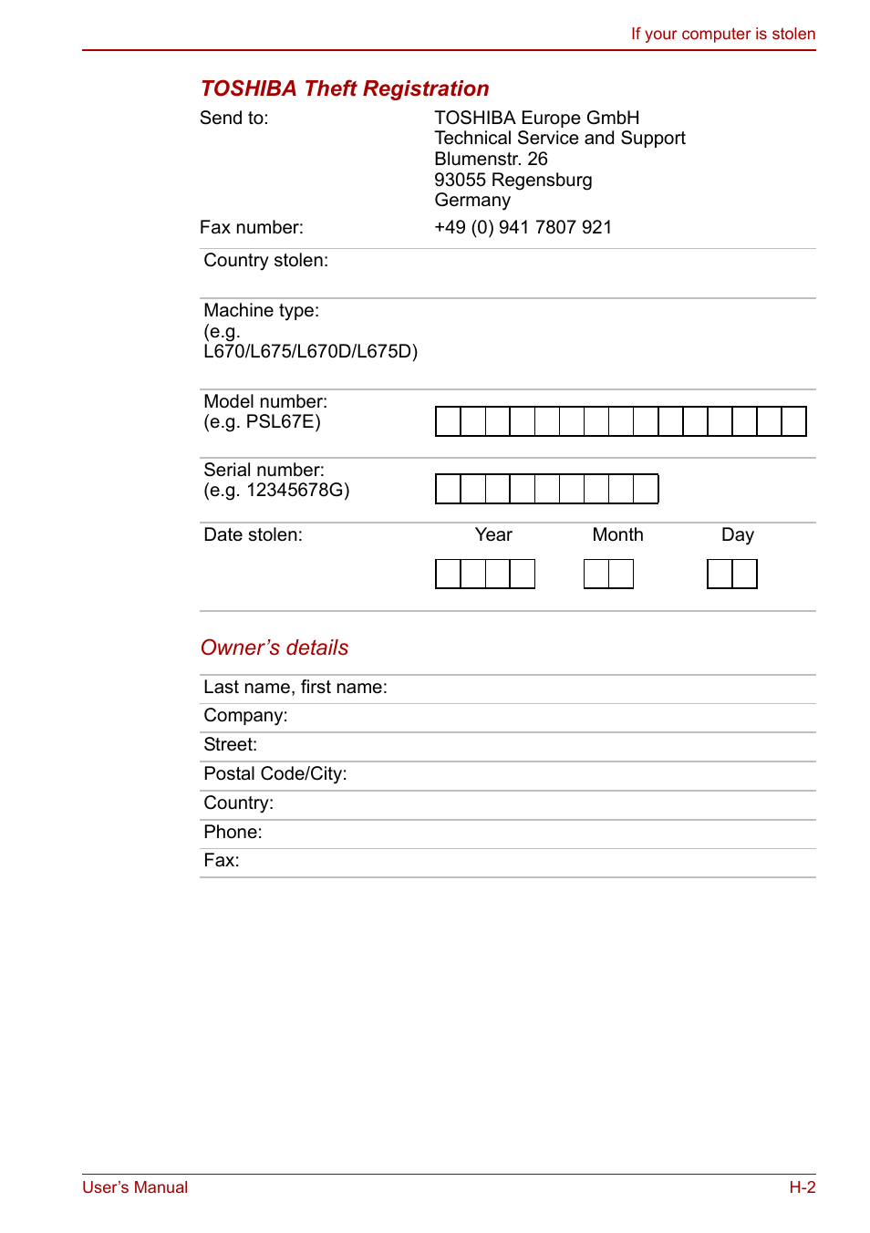 Toshiba theft registration, Owner’s details | Toshiba Satellite L670 User Manual | Page 181 / 199