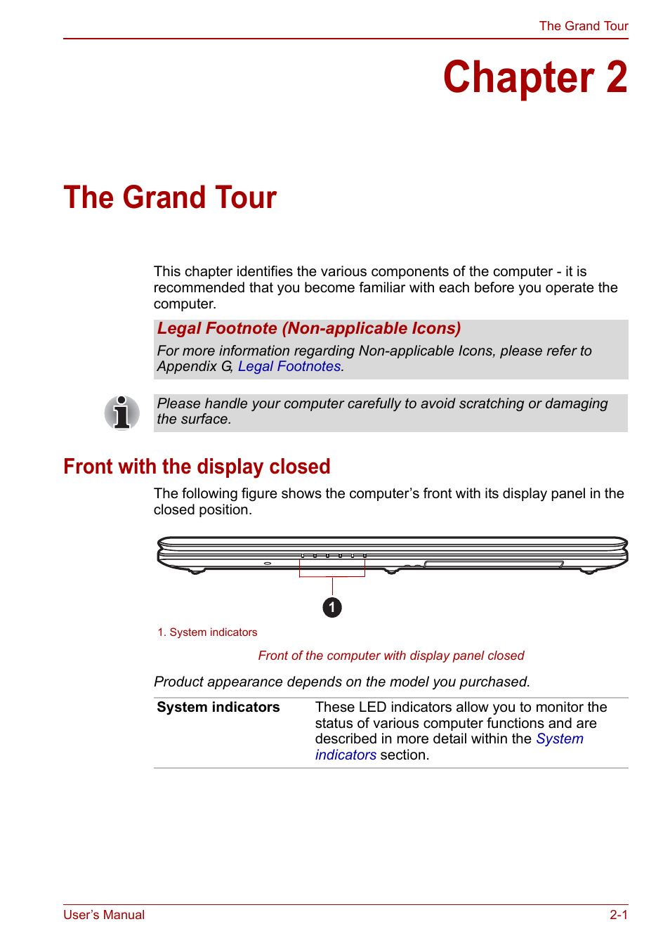 Chapter 2: the grand tour, Front with the display closed, Chapter 2 | The grand tour, Front with the display closed -1 | Toshiba Satellite L670 User Manual | Page 37 / 199