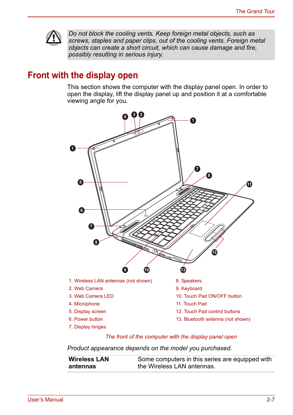 Front with the display open, Front with the display open -7 | Toshiba Satellite L670 User Manual | Page 43 / 199