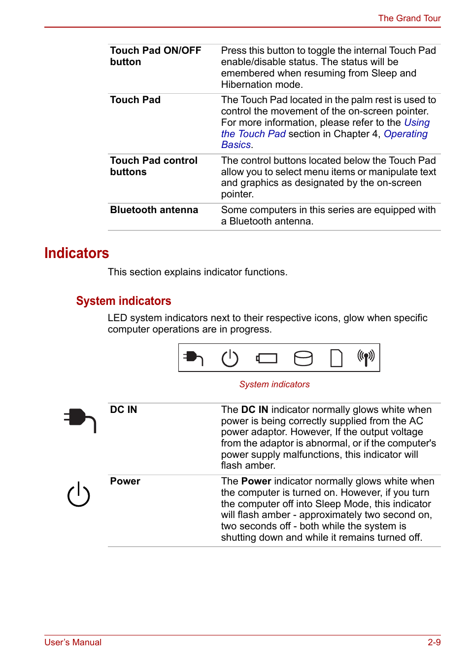 Indicators, Indicators -9, System indicators | Toshiba Satellite L670 User Manual | Page 45 / 199