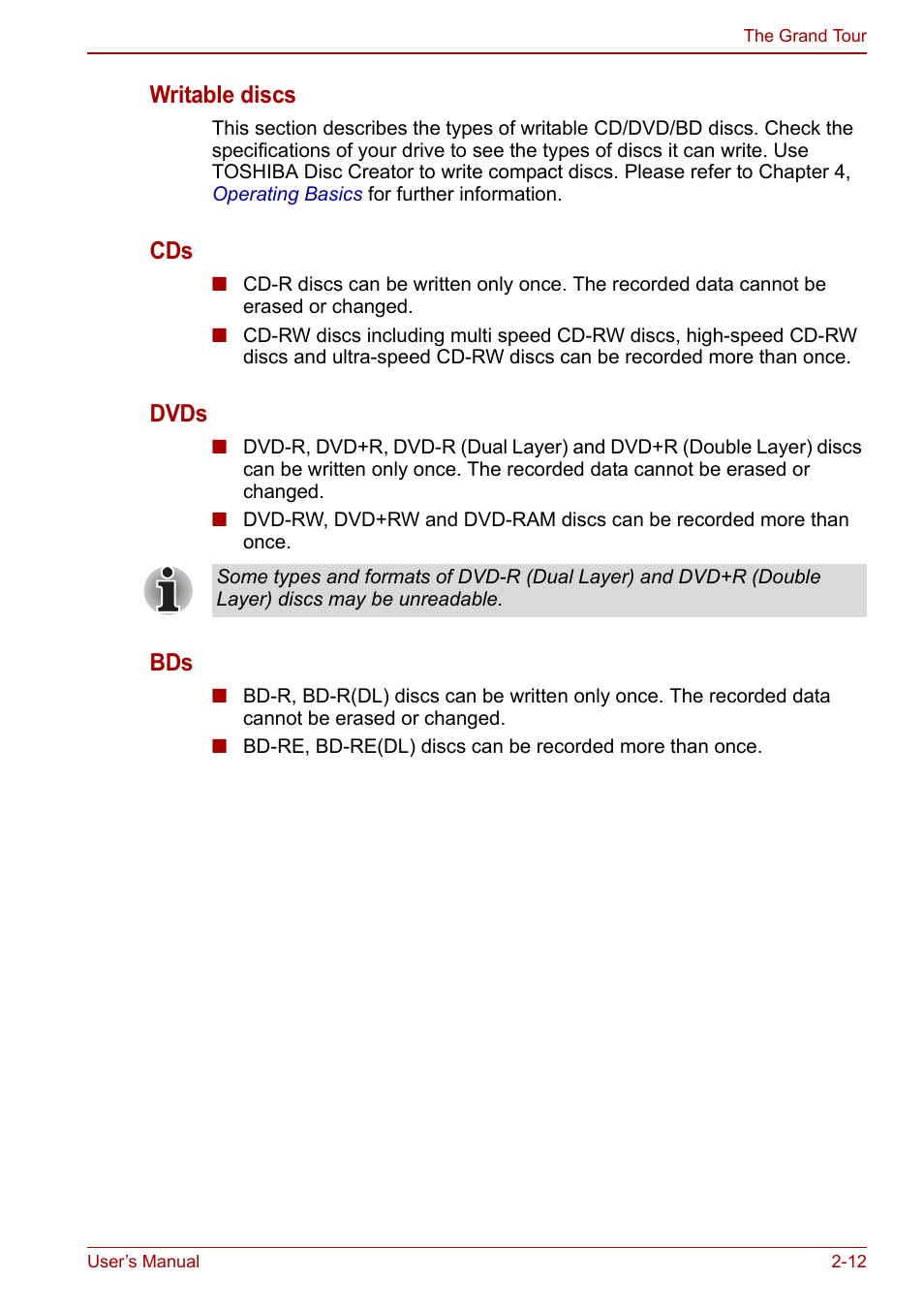 Writable discs, Dvds | Toshiba Satellite L670 User Manual | Page 48 / 199