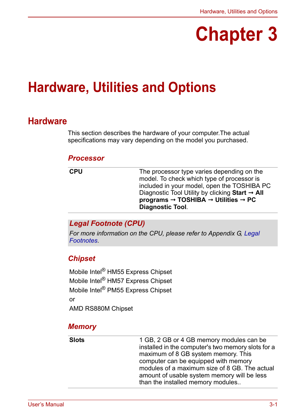 Chapter 3: hardware, utilities and options, Hardware, Chapter 3 | Hardware, utilities and options, Hardware -1, Utilities and options, Apter 3, Ter 3 | Toshiba Satellite L670 User Manual | Page 52 / 199