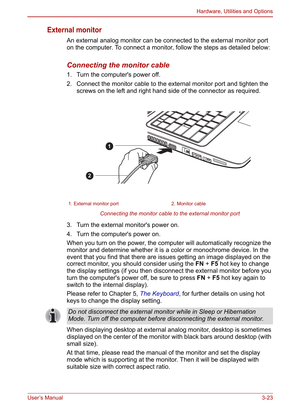 External monitor, Connecting the monitor cable | Toshiba Satellite L670 User Manual | Page 74 / 199