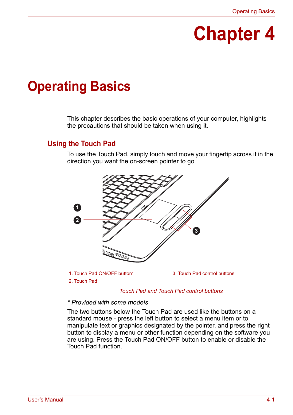Chapter 4: operating basics, Chapter 4, Operating basics | Using, The touch pad, Operating, Basics, Ter 4 | Toshiba Satellite L670 User Manual | Page 81 / 199