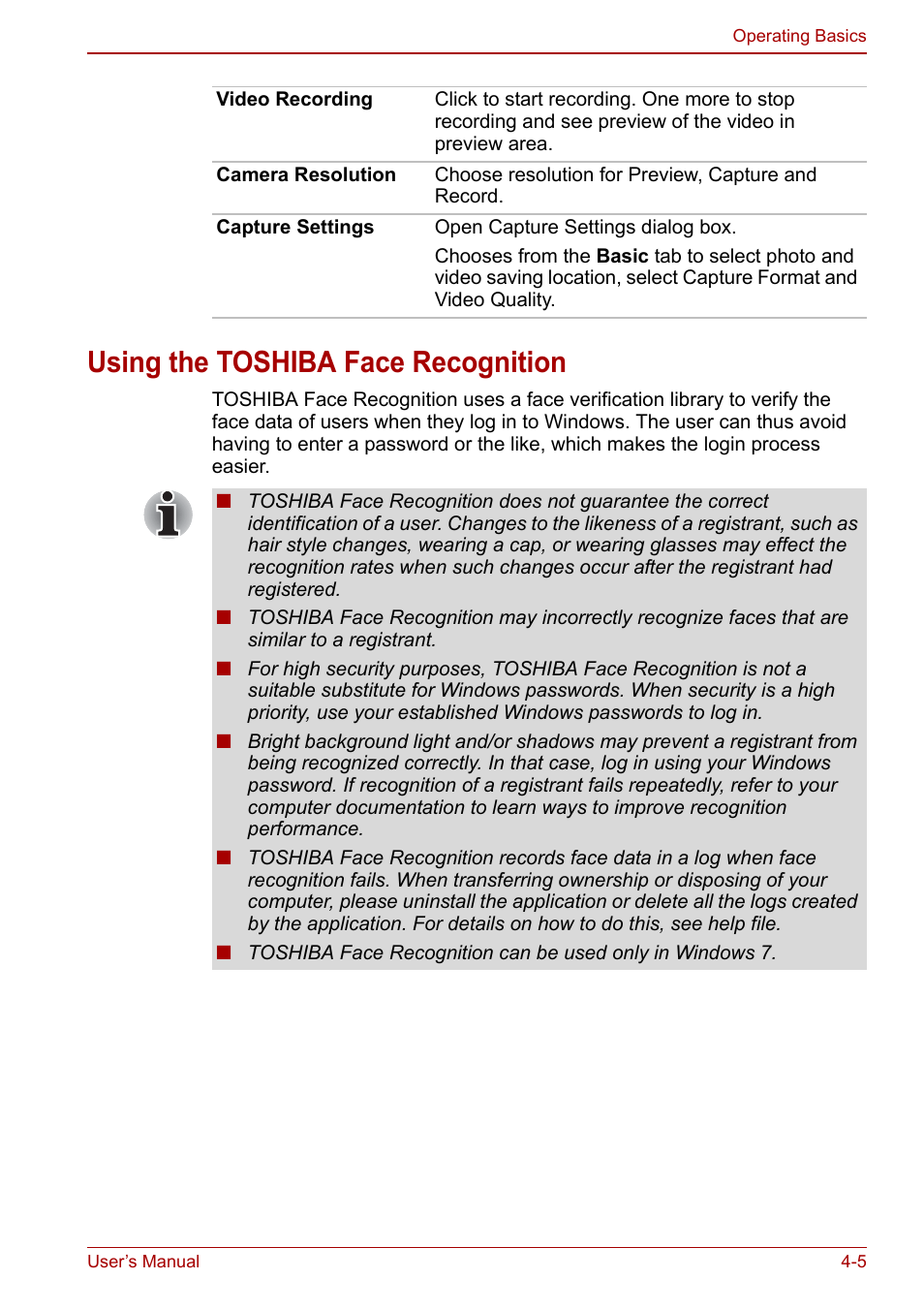 Using the toshiba face recognition, Using the toshiba face recognition -5 | Toshiba Satellite L670 User Manual | Page 85 / 199