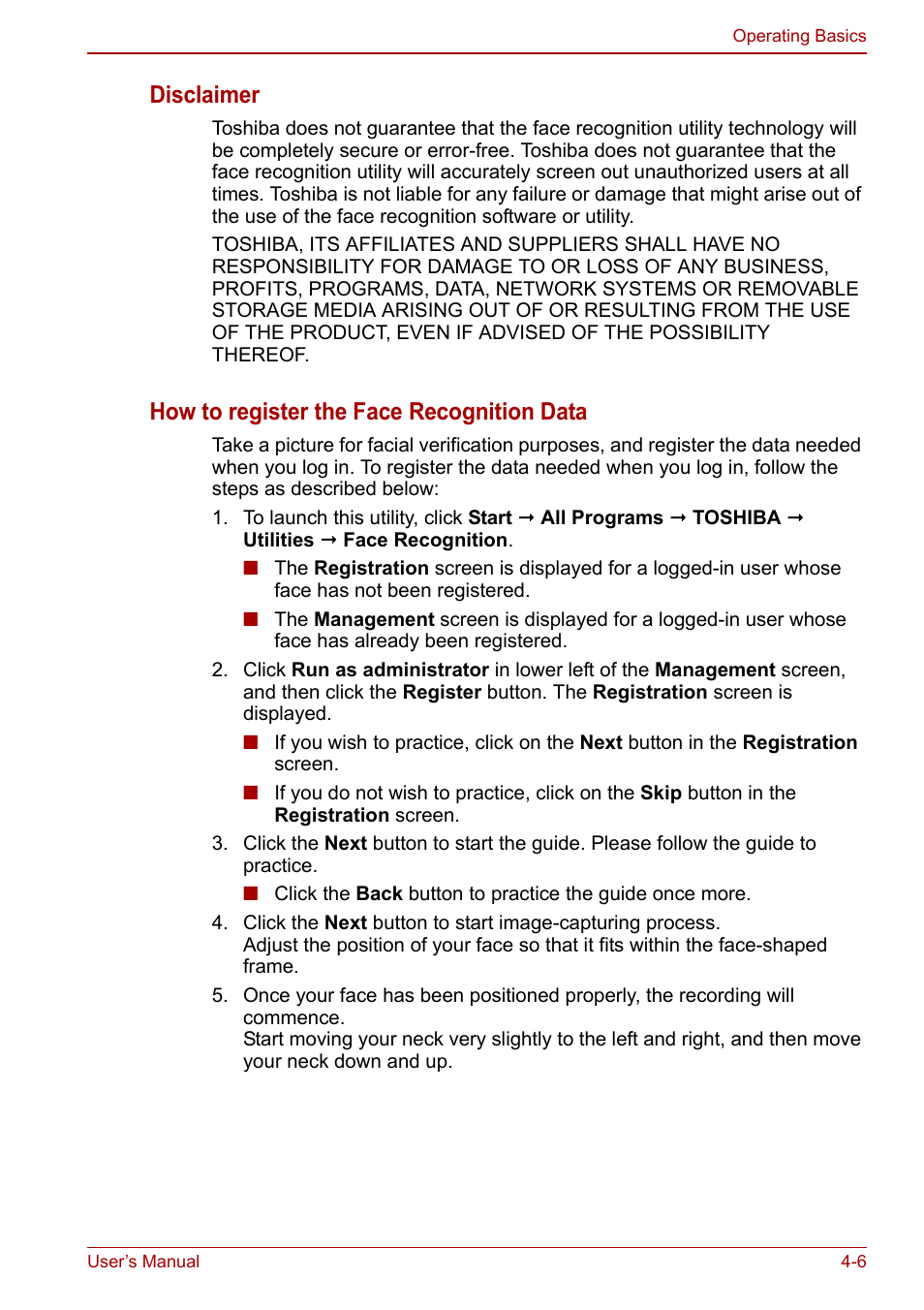 Disclaimer, How to register the face recognition data | Toshiba Satellite L670 User Manual | Page 86 / 199