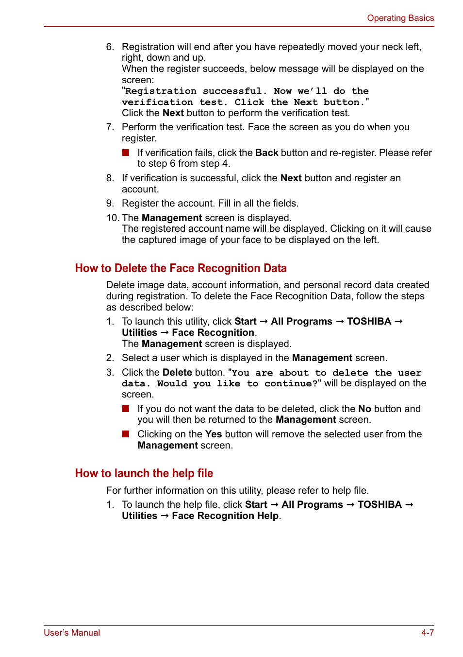 How to delete the face recognition data, How to launch the help file | Toshiba Satellite L670 User Manual | Page 87 / 199