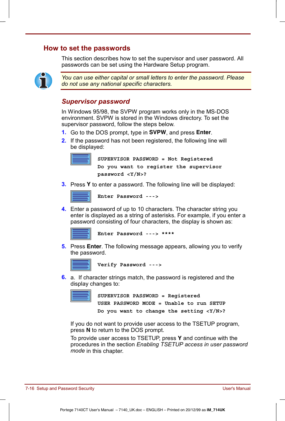 How to set the passwords -16, How to set the passwords | Toshiba Portege 7140 User Manual | Page 100 / 196