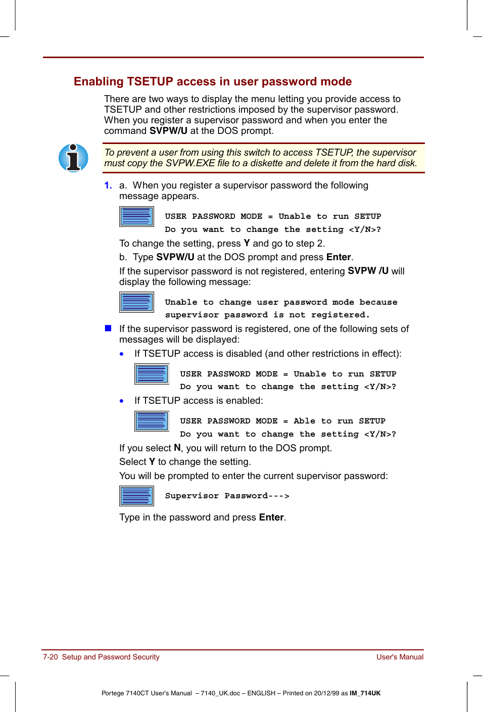 Enabling tsetup access in user password mode -20, Enabling tsetup access in user password mode | Toshiba Portege 7140 User Manual | Page 104 / 196