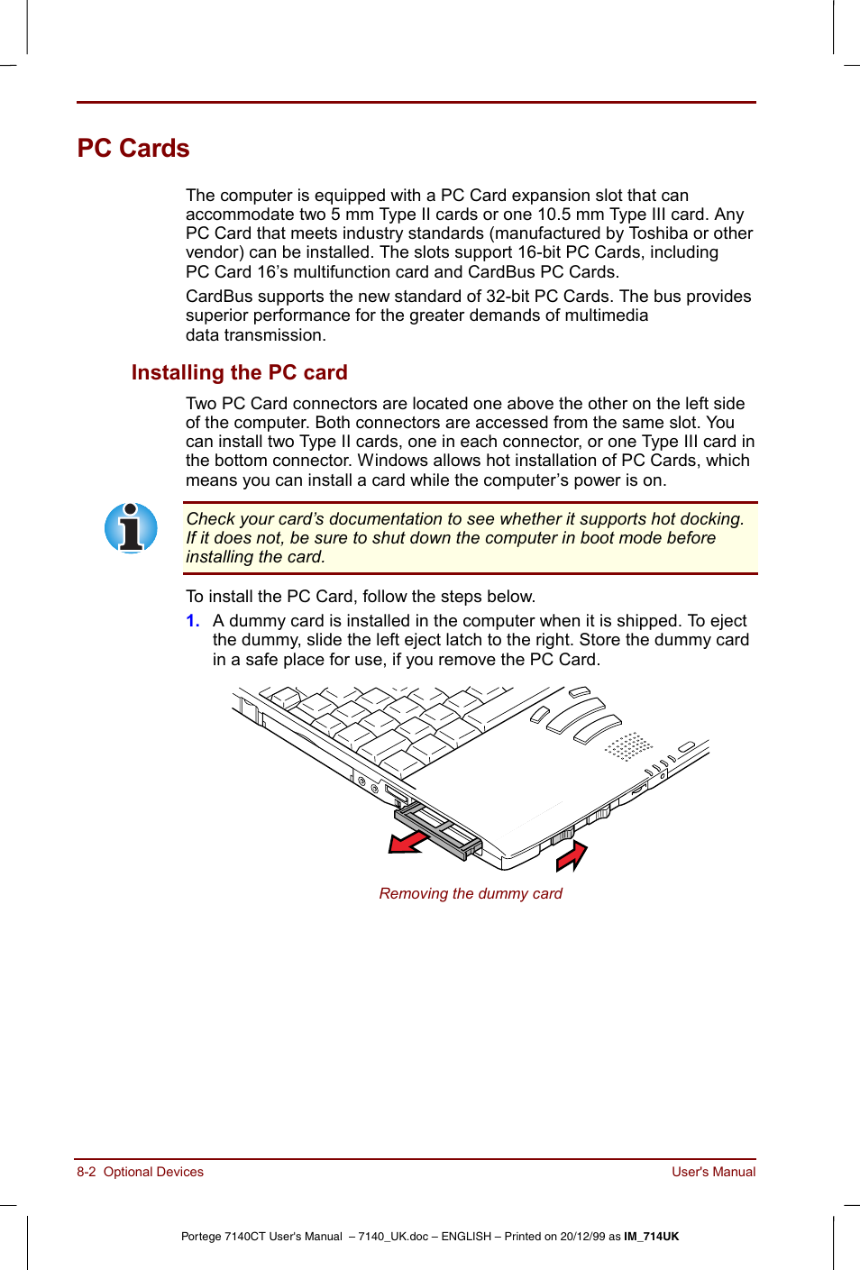 Pc cards, Pc cards -2, Installing the pc card -2 | Installing the pc card | Toshiba Portege 7140 User Manual | Page 108 / 196