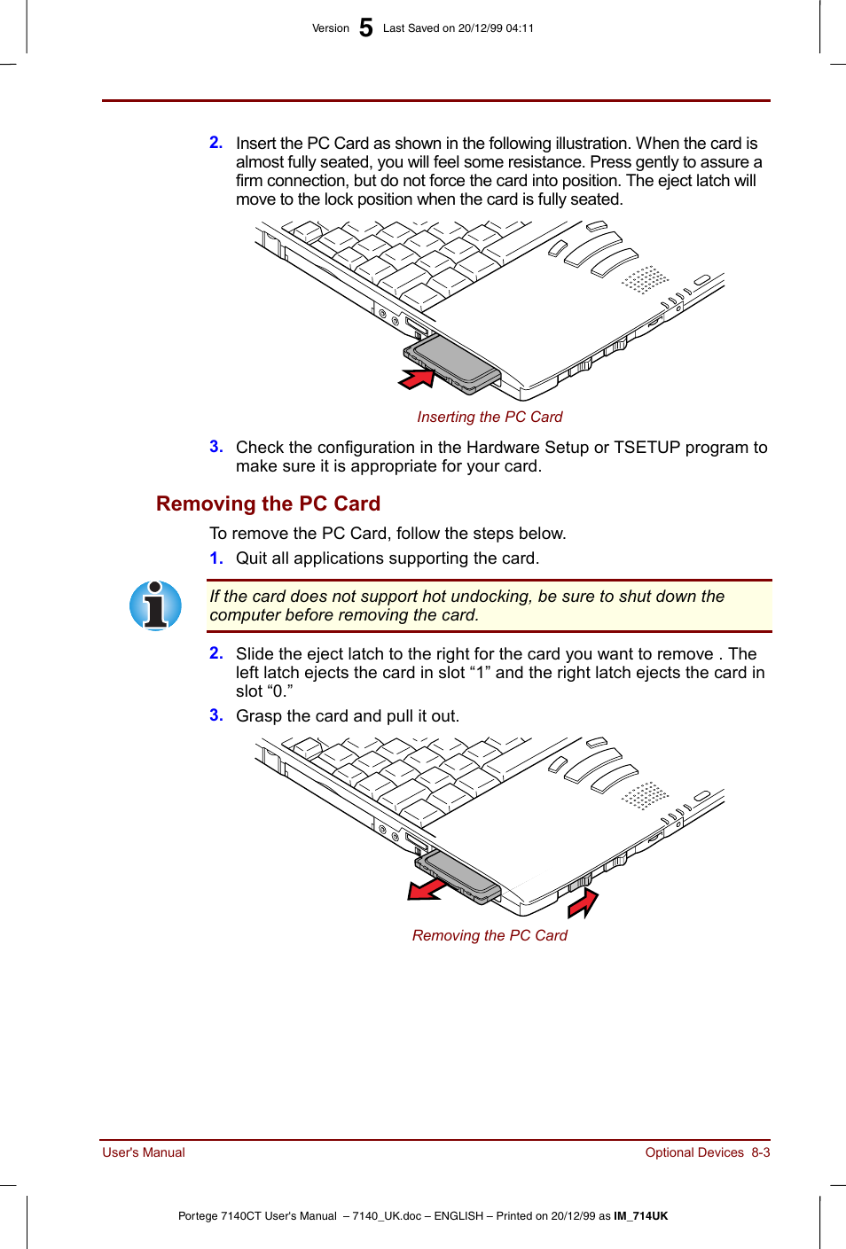 Removing the pc card -3, Removing the pc card | Toshiba Portege 7140 User Manual | Page 109 / 196