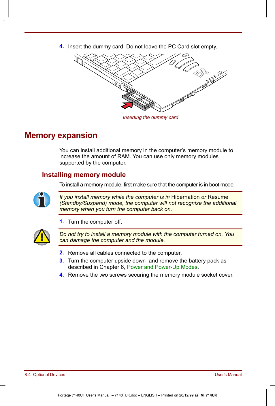 Memory expansion, Memory expansion -4, Installing memory module -4 | Toshiba Portege 7140 User Manual | Page 110 / 196