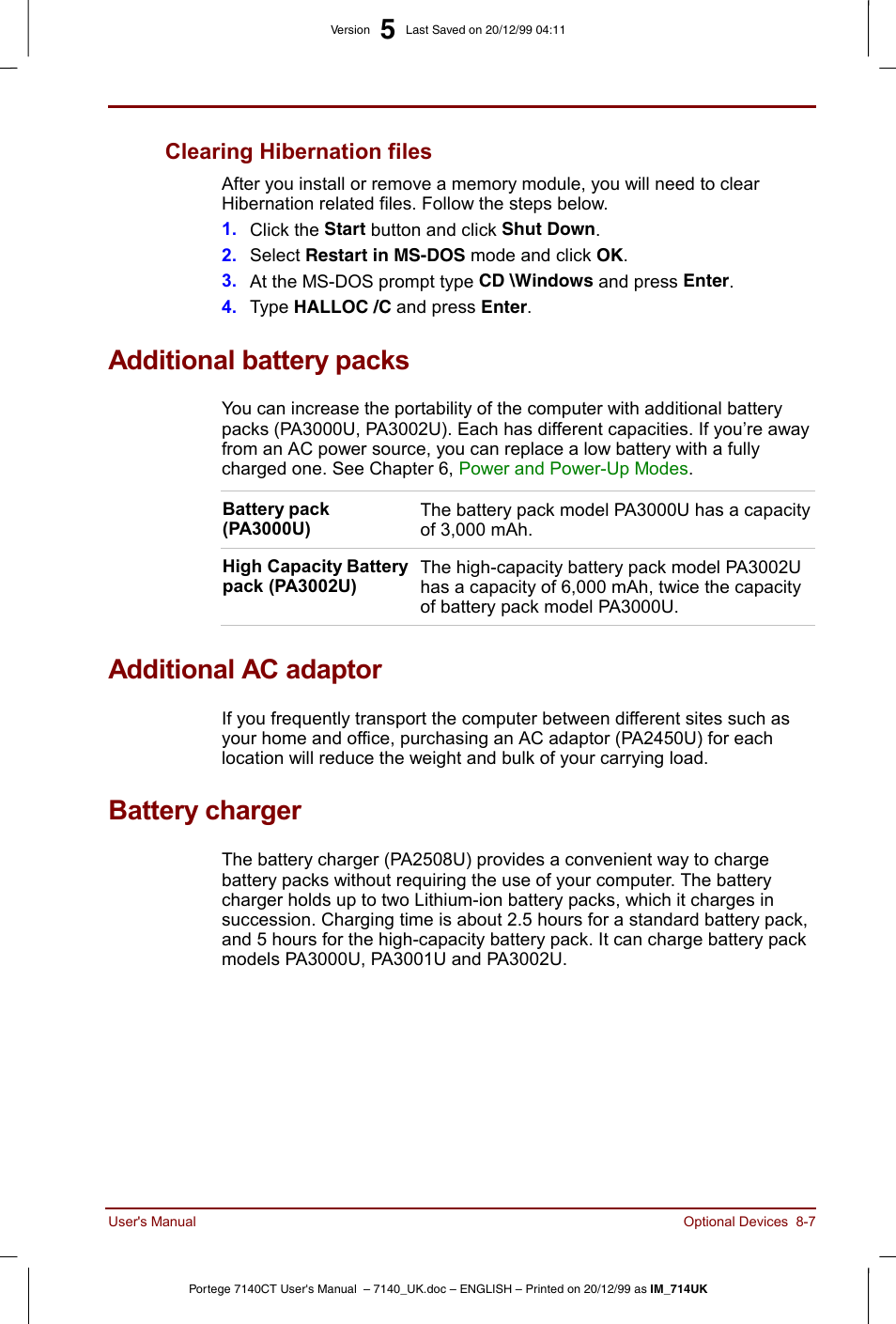 Additional battery packs, Additional ac adaptor, Battery charger | Clearing hibernation files -7, Clearing hibernation files | Toshiba Portege 7140 User Manual | Page 113 / 196