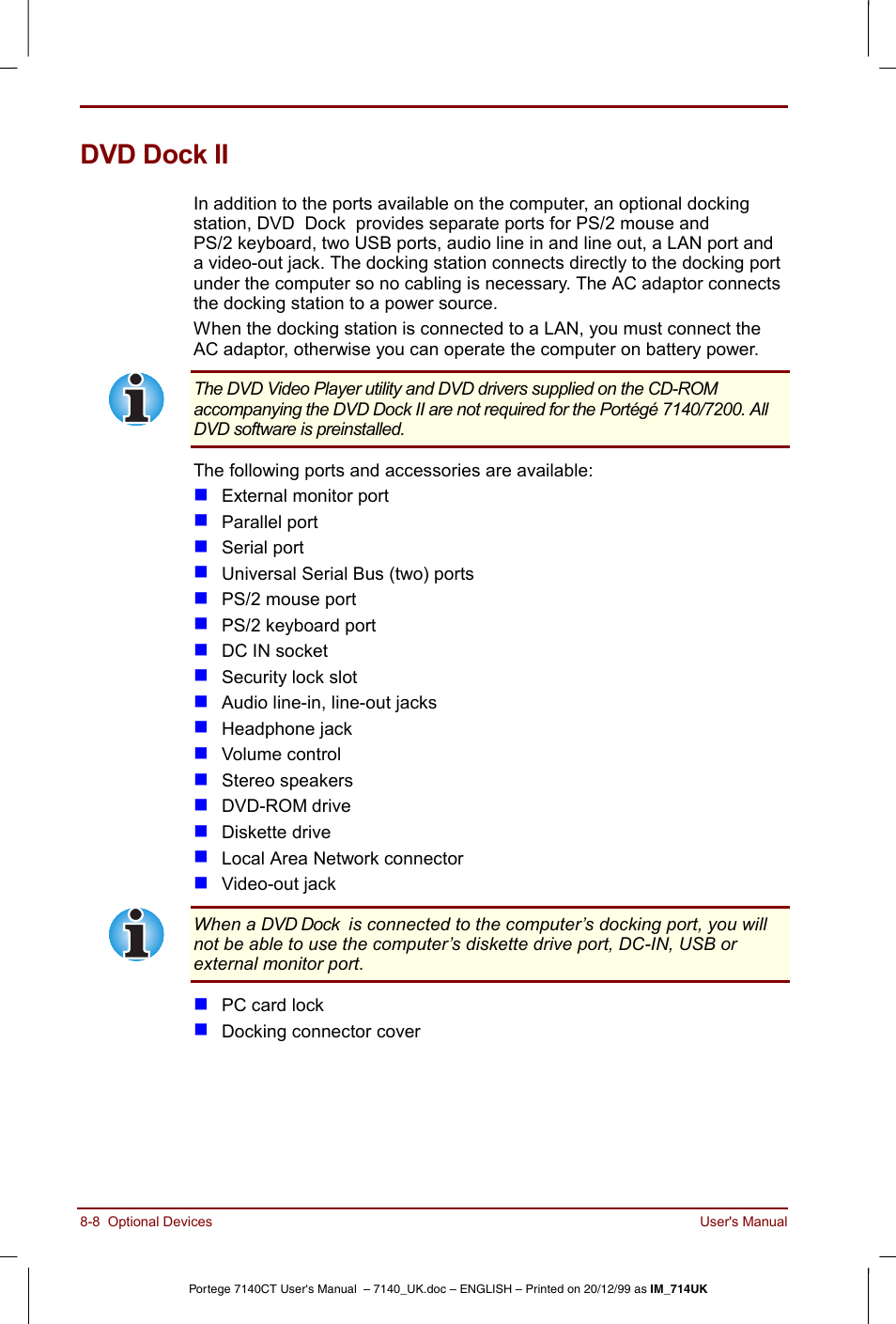 Dvd dock ii, Dvd dock ii -8 | Toshiba Portege 7140 User Manual | Page 114 / 196
