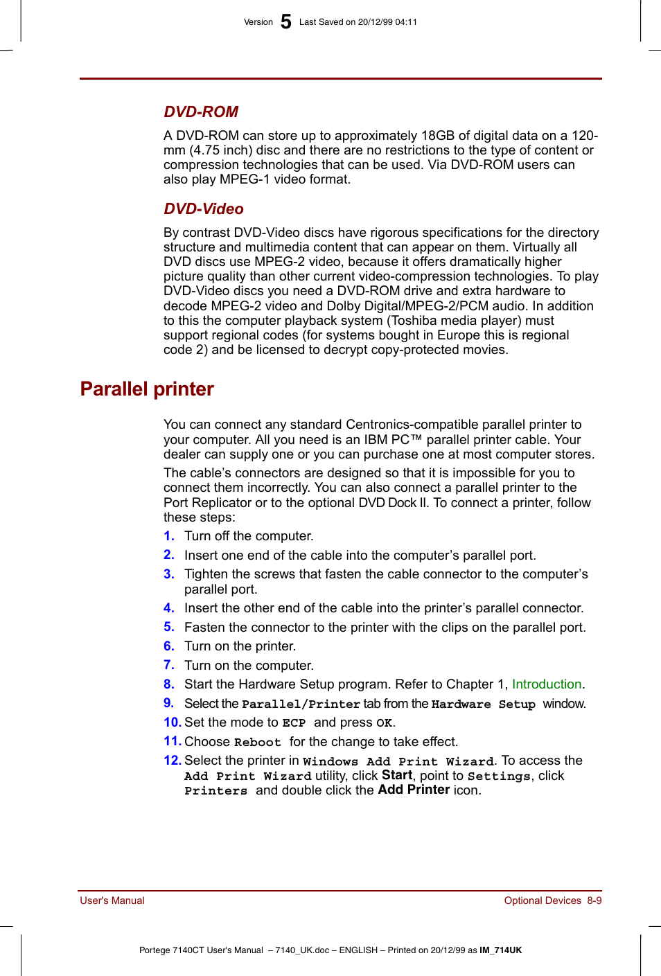 Parallel printer, Parallel printer -9 | Toshiba Portege 7140 User Manual | Page 115 / 196