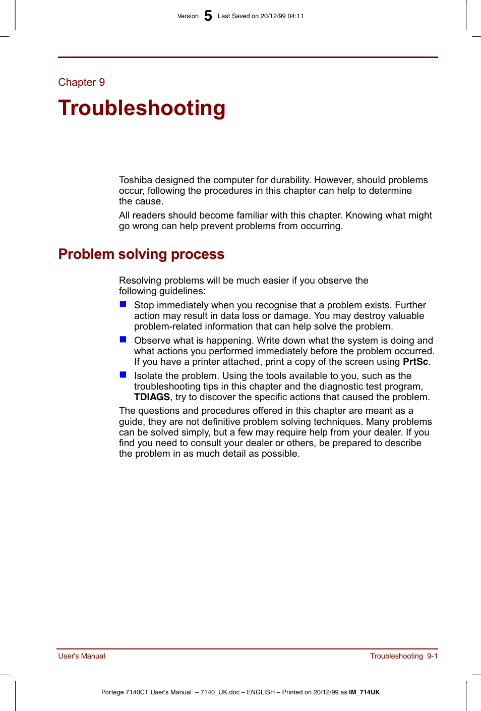 Chapter 9, Troubleshooting, Problem solving process | Chapter 9: troubleshooting, Problem solving process -1, Prov | Toshiba Portege 7140 User Manual | Page 119 / 196