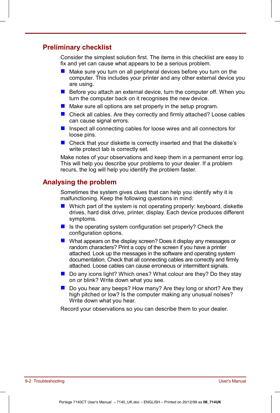 Preliminary checklist -2 analysing the problem -2, Preliminary checklist, Analysing the problem | Toshiba Portege 7140 User Manual | Page 120 / 196