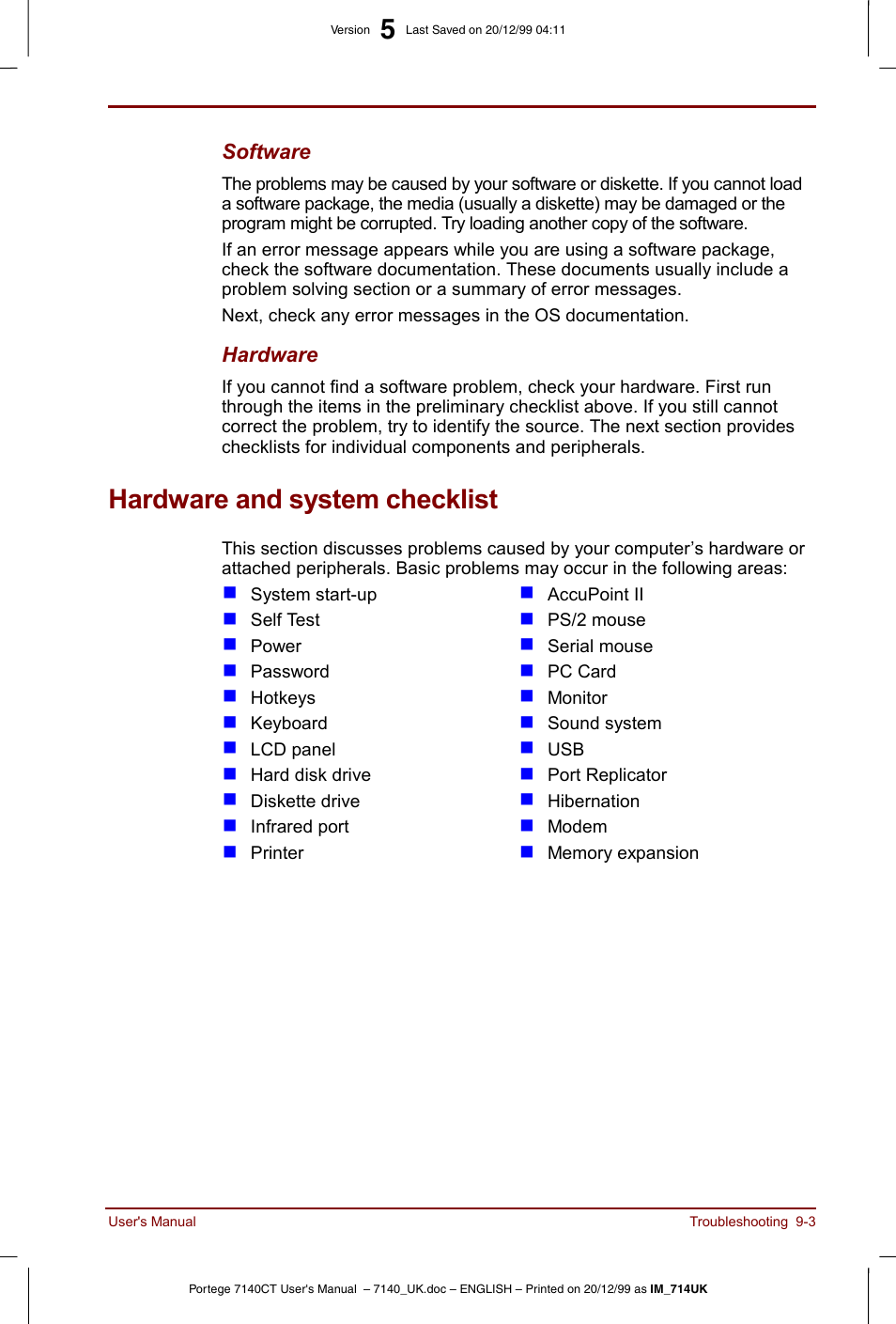 Hardware and system checklist, Hardware and system checklist -3 | Toshiba Portege 7140 User Manual | Page 121 / 196