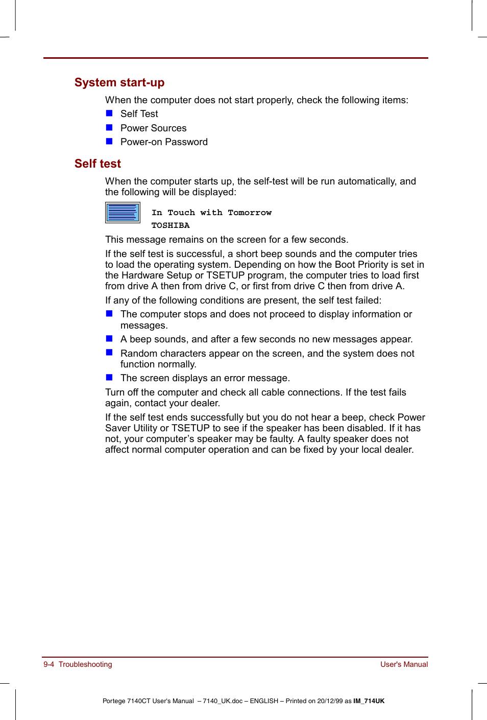 System start-up -4 self test -4, System start-up, Self test | Toshiba Portege 7140 User Manual | Page 122 / 196