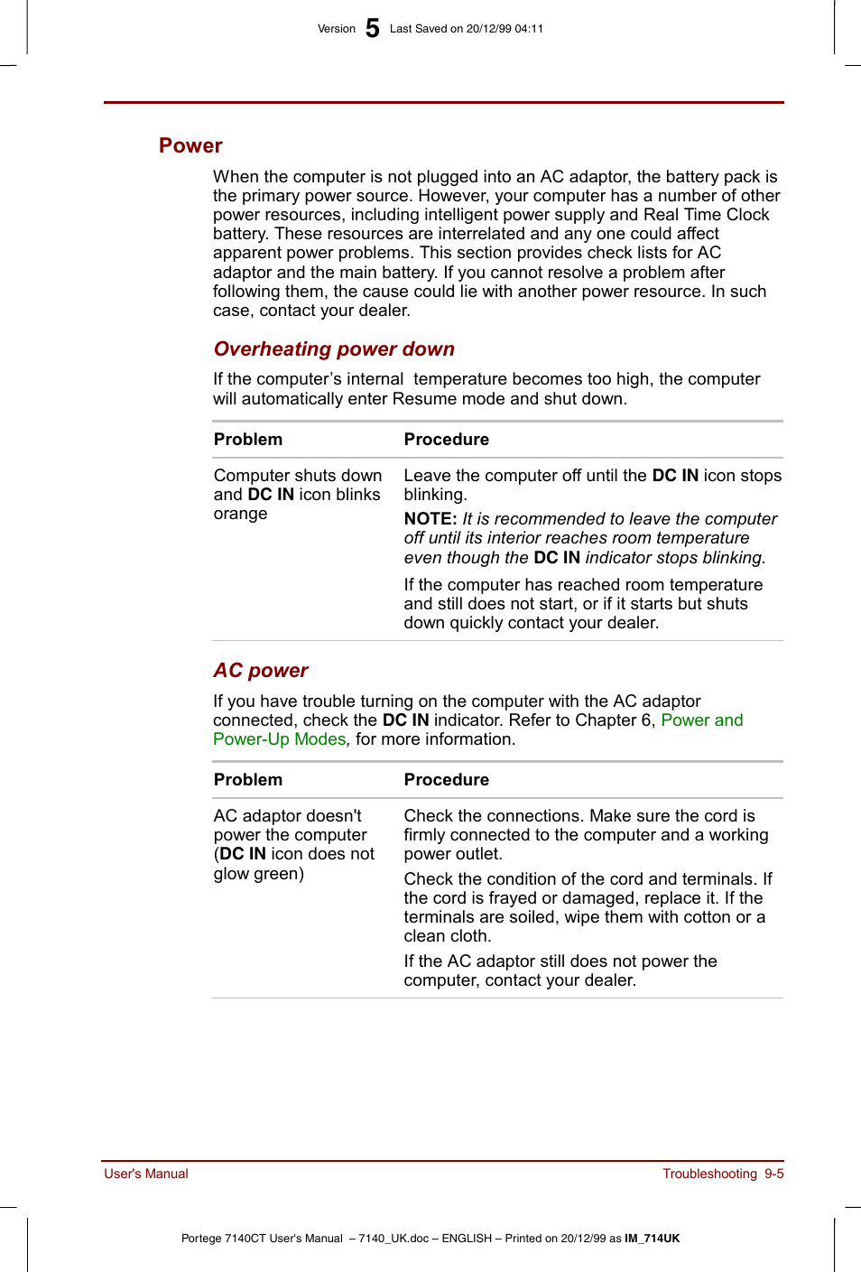 Power -5, Power | Toshiba Portege 7140 User Manual | Page 123 / 196