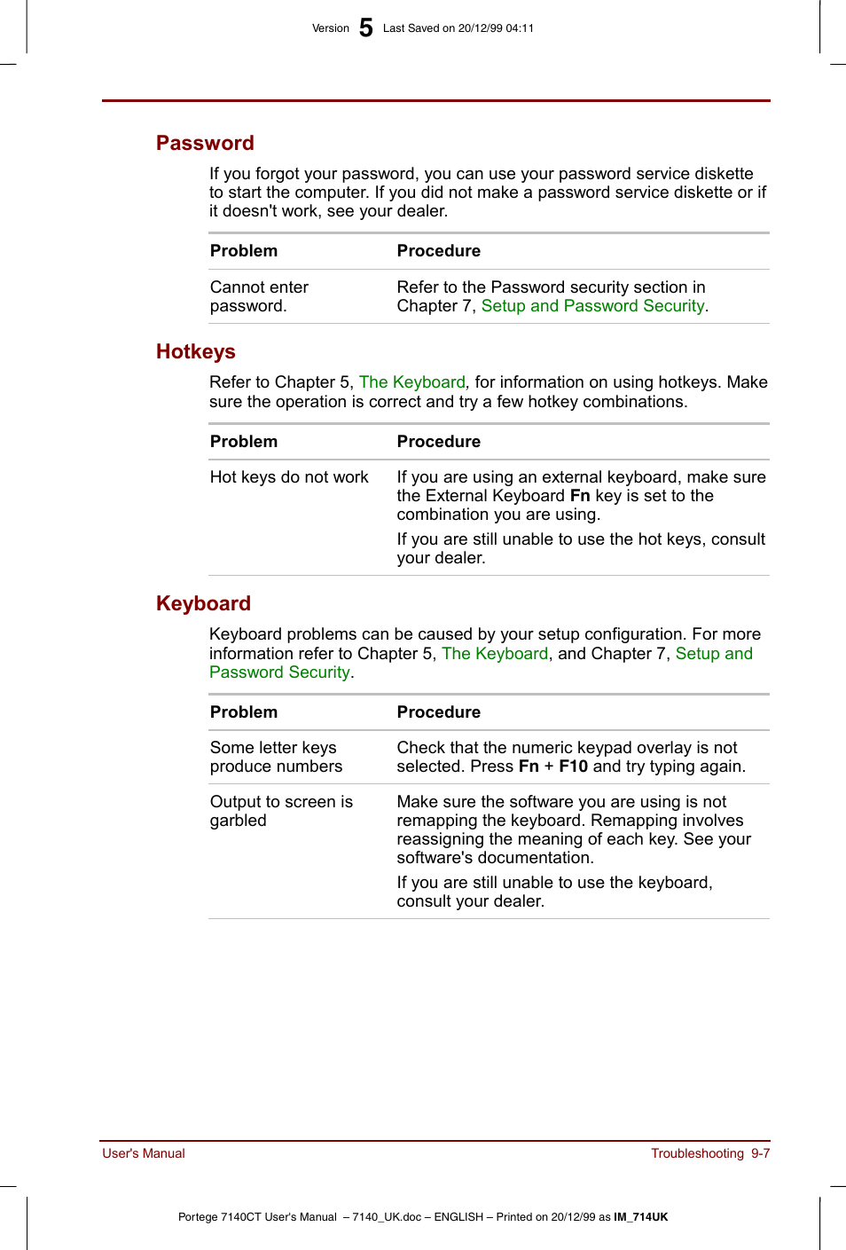 Password -7 hotkeys -7 keyboard -7, Password, Hotkeys | Keyboard | Toshiba Portege 7140 User Manual | Page 125 / 196
