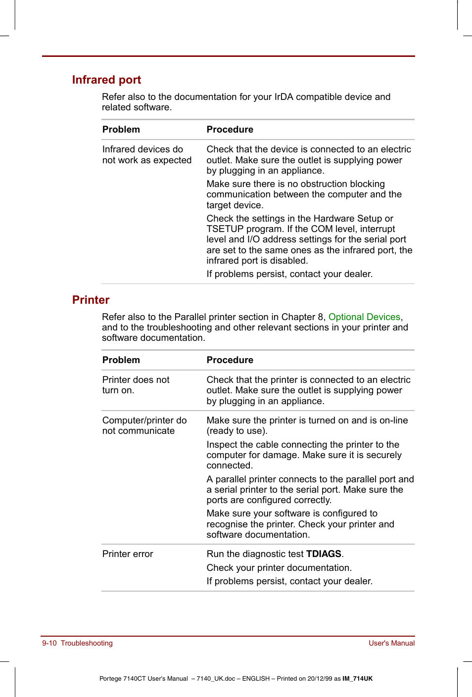 Infrared port -10 printer -10, Infrared port, Printer | Toshiba Portege 7140 User Manual | Page 128 / 196