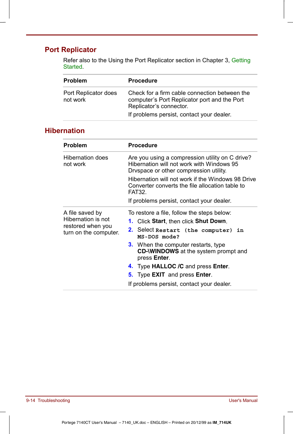 Port replicator -14 hibernation -14, Port replicator, Hibernation | Toshiba Portege 7140 User Manual | Page 132 / 196