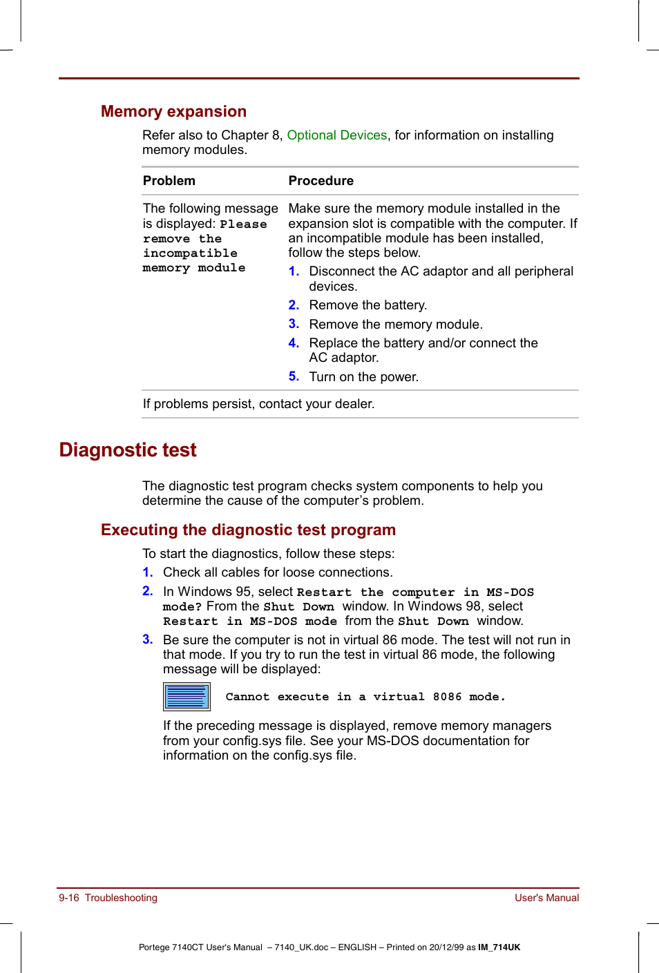 Diagnostic test, Memory expansion -16, Diagnostic test -16 | Executing the diagnostic test program -16, Executing the diagnostic test program | Toshiba Portege 7140 User Manual | Page 134 / 196