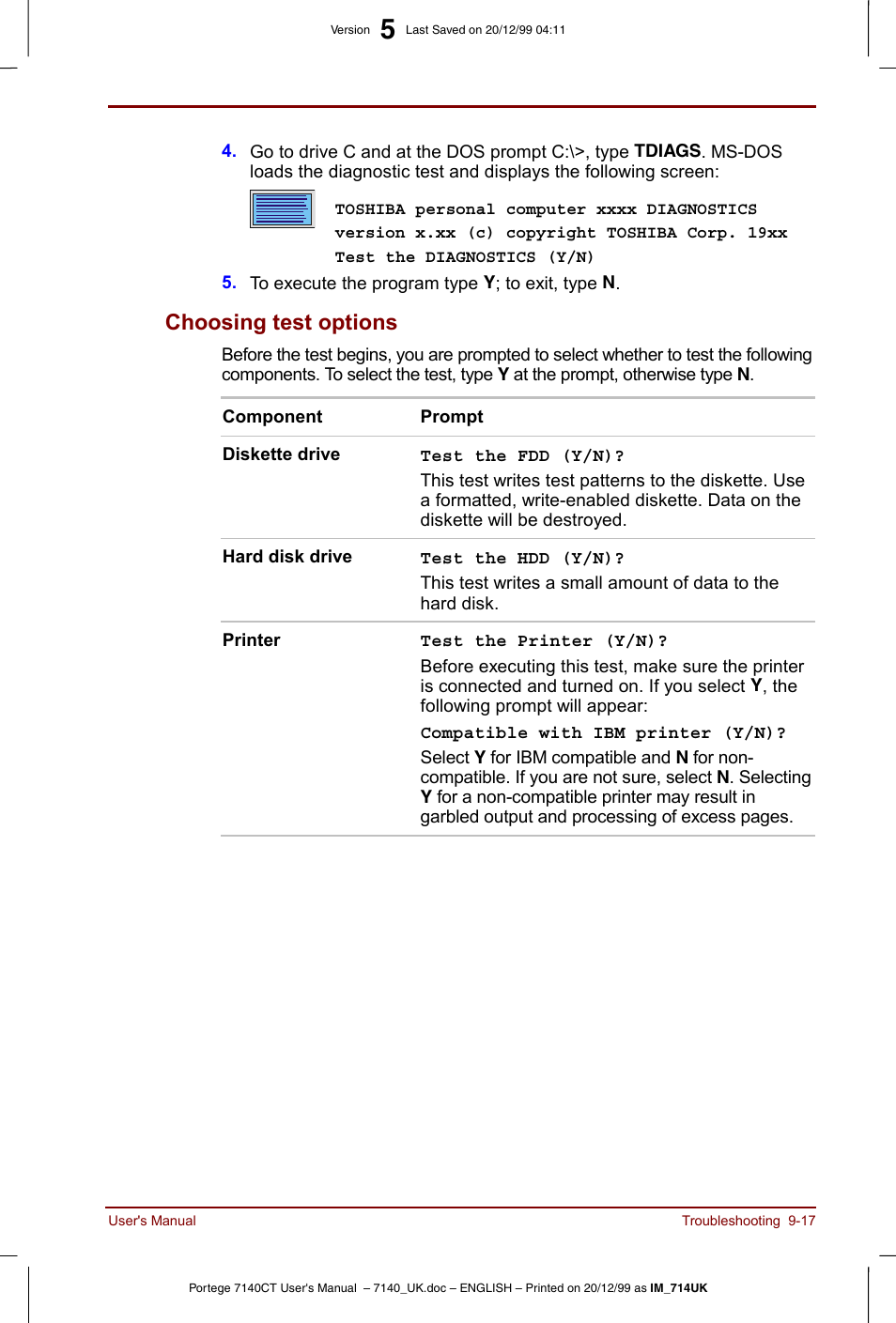 Choosing test options -17, Choosing test options | Toshiba Portege 7140 User Manual | Page 135 / 196