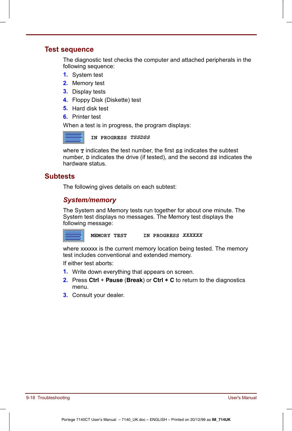 Test sequence -18 subtests -18, Test sequence, Subtests | Toshiba Portege 7140 User Manual | Page 136 / 196