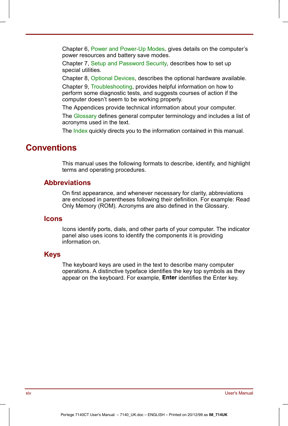 Conventions, Abbreviations, Icons | Keys | Toshiba Portege 7140 User Manual | Page 14 / 196