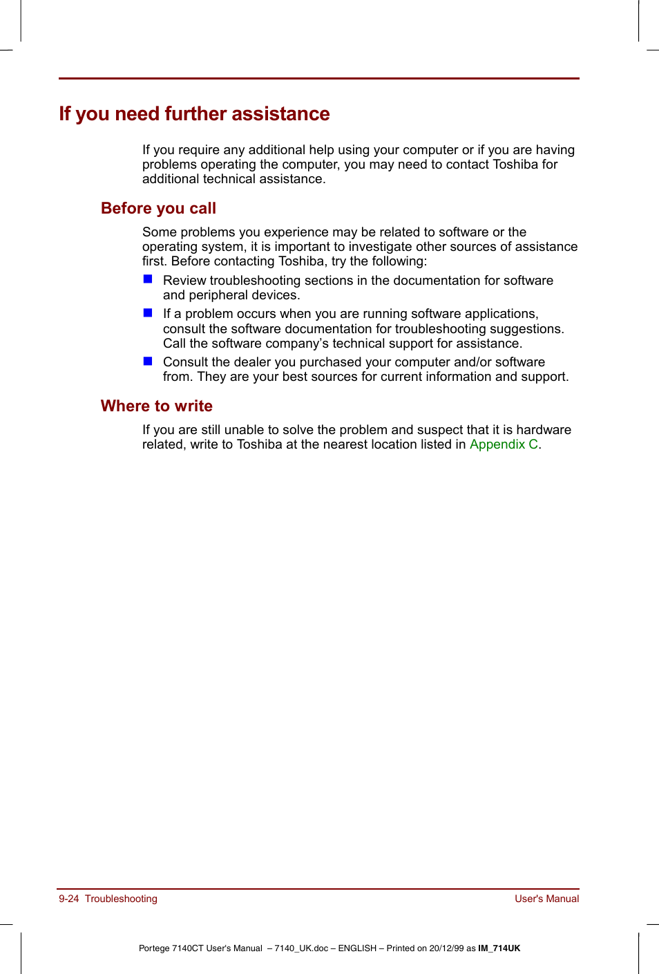 If you need further assistance, If you need further assistance -24, Before you call -24 where to write -24 | Before you call, Where to write | Toshiba Portege 7140 User Manual | Page 142 / 196