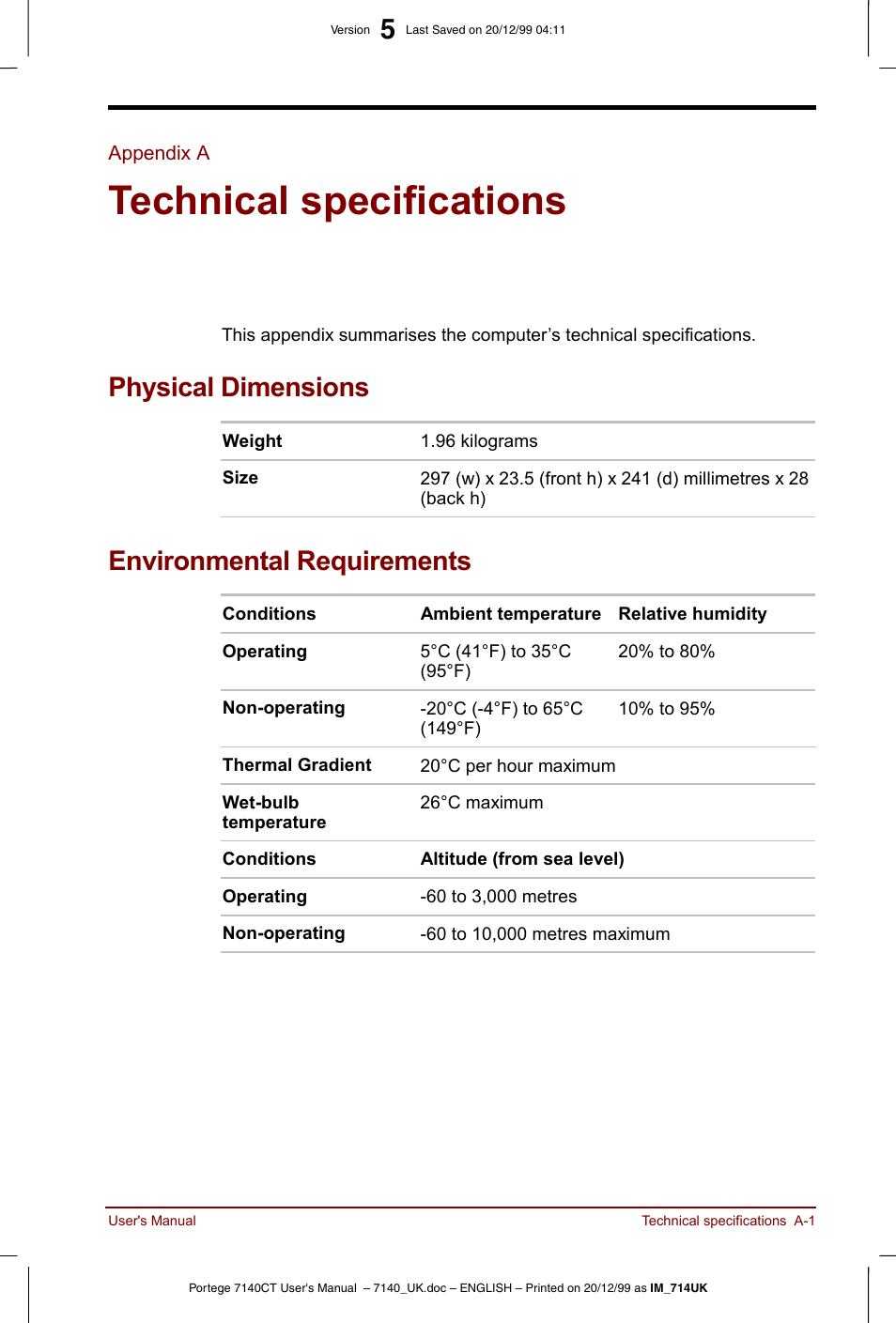 Appendix a, Technical specifications, Physical dimensions | Environmental requirements | Toshiba Portege 7140 User Manual | Page 143 / 196